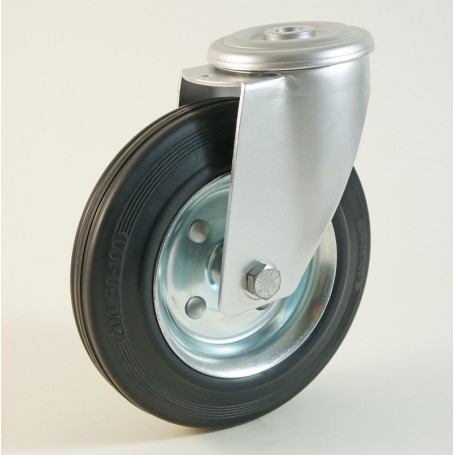 Roulette à trou central, roue à bandage caoutchouc noir corps tôle CU 50 à 205 Kg