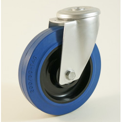 Roulette à trou central, roue à bandage caoutchouc bleu coprs polyamide CU 100 à 300 Kg