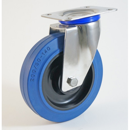 Roulette inox à platine, roue caoutchouc bleu, charges 150 à 350 Kg (série LB/INOX20)
